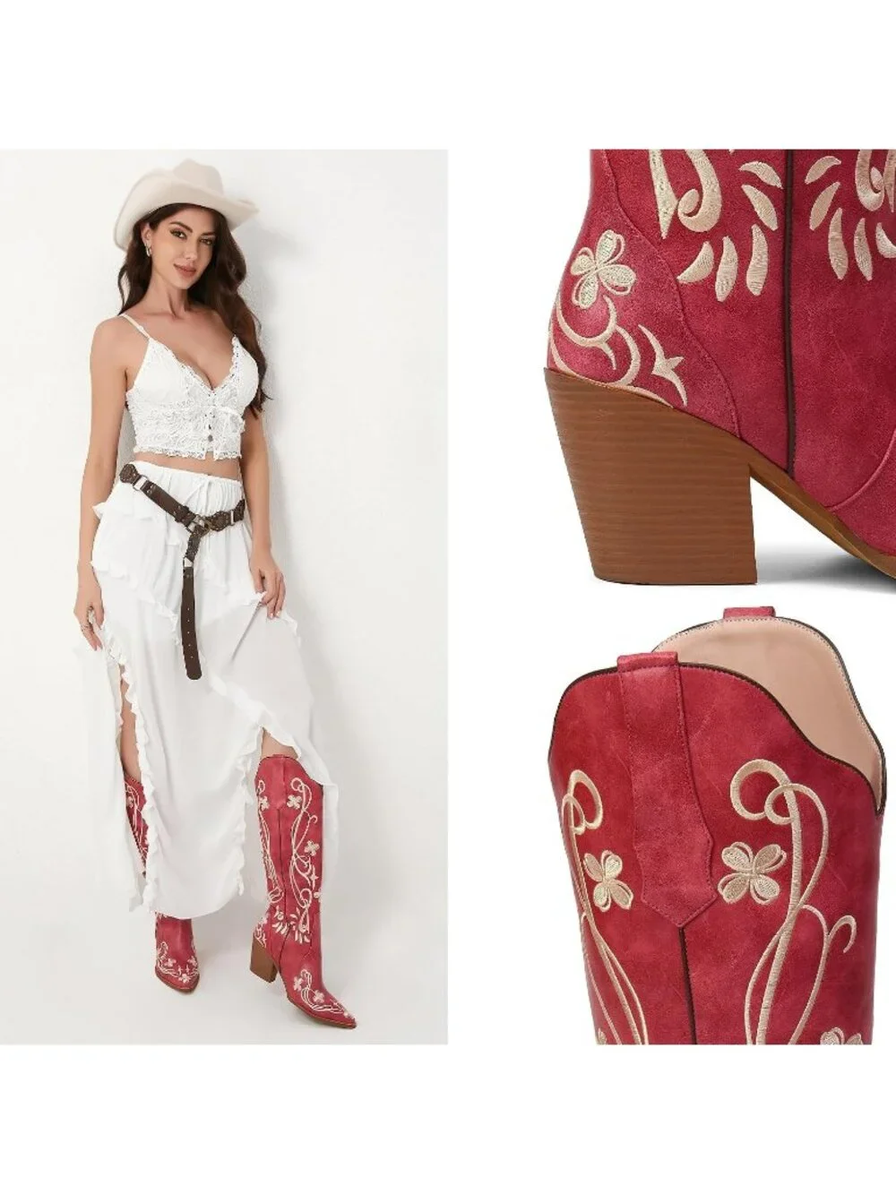 Women's Red pu Knee High Floral Embroidered Vintage Cowgirl Boots